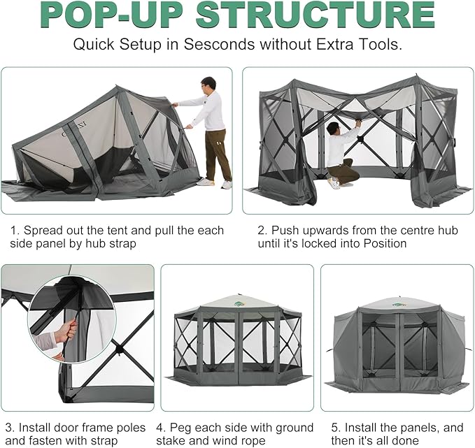 COBIZI 12x12ft Pop up Gazebo on Clearance Screen Canopy Tent for Camping, Camping Outdoor Screened Gazebo with Sidewalls, Portable Hub with Carrying Bag and Ground Stakes, Grey(Upgraded 2.0)