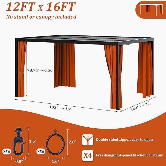 Gazebo Universal Replacement Privacy Curtain,12'×16' Gazebo Outdoor Waterproof Curtains, 4-Panels Sidewall Curtains with Double Zipper for Patio Canopy, Garden and Backyard (Curtain Only)