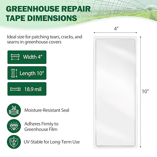 EAGLE PEAK Greenhouse Repair Tape 4”x10”, Heavy Duty Clear Waterproof Patch Kit, Sealing Tape for Greenhouse Film, Tent, Awning, RV Roof Repair, 4 Pack, Clear