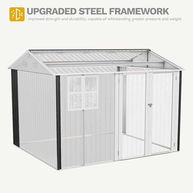 DWVO 10x8ft Metal Outdoor Storage Shed with Window, Lockable Tool Storage Sheds, Oversized Steel Garden Sheds with Sloped Roof for Backyard, Patio, Garage, Lawn (Gray + White)
