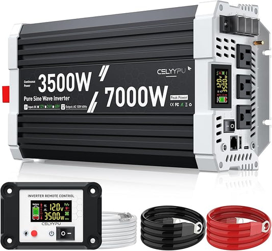 3500 watt Pure sine Wave Inverter, 12V DC to 110V AC Power Inverter, Used for Solar Emergency Power Supply in RV Homes, with 3 AC Output sockets, USB Port, Type-C Port, Remote Control with LCD Screen