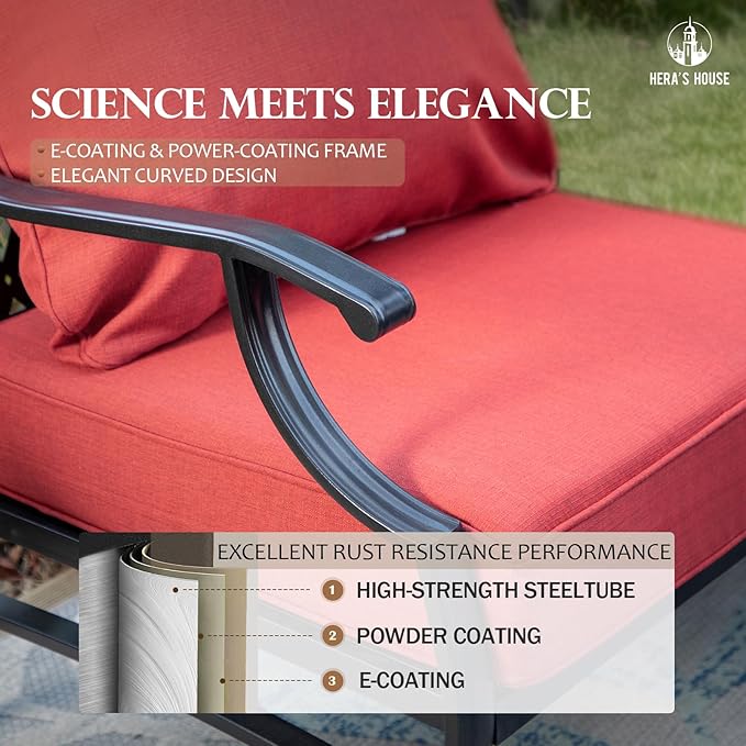 HERA'S HOUSE 4 Piece Patio Furniture Set, 2 x Rocking Metal Frame Cushioned Chair, 3-Seat Sofa with Marbling Coffee Table, All Weather Outdoor Conversation Set for Lawn Garden Backyard, Red