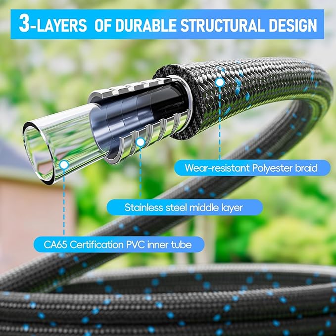 SPECILITE Garden Hose 50ft, 3-Layer Flexible Water Hose with 8 Pattern Spray Nozzle, Non-Expanding & Lightweight Stainless Steel Hose for Yard, Lawn, Outdoor-Leak Proof, No-kink & Tangle-free
