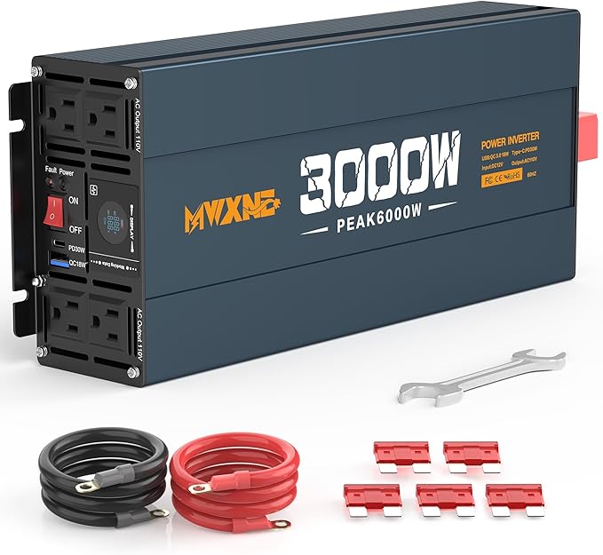 3000W Inverter DC 12V to AC 120V for Vehicles, Car Converter with 4 AC Outlets,PD30W/QC3.0 Quick Charging USB Ports Power Inverter with LCD Display - Navy Blue/Black