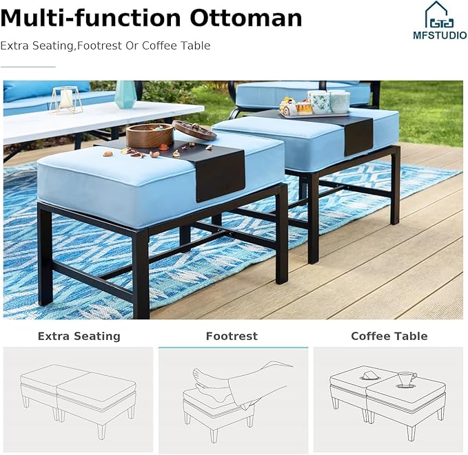 MFSTUDIO 6 Pieces Metal Patio Furniture Sets, 2 Swivel Chair, 1 Deep Seating 3-Seat Sofa, 2 Ottoman & 1 Marbling Coffee Table, All Weather 7 Seats Outdoor Conversation Set for Garden Backyard, Blue