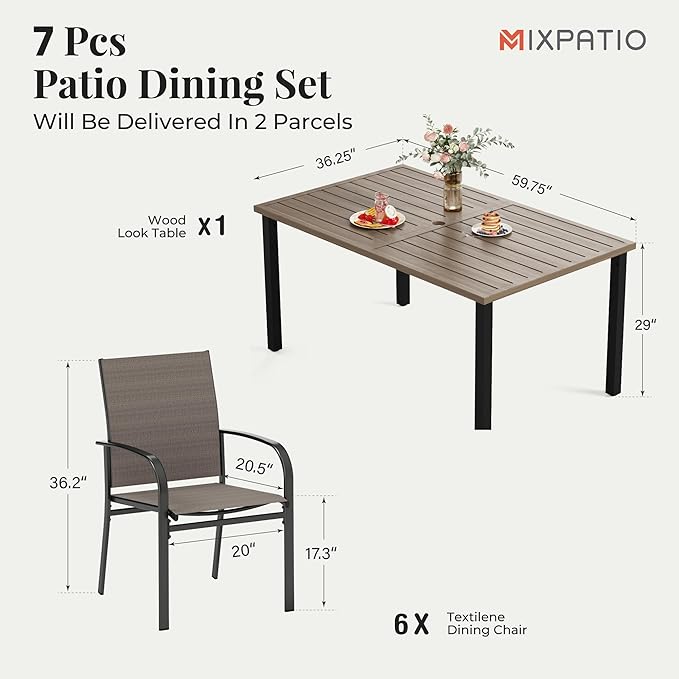 Patio Table and Chairs Set, Outdoor Dining Set for 6 with Brown Chairs and Teak Color Tabletop Outdoor Dining Table, 7-Piece Patio Furniture Set for Deck Backyard Lawn