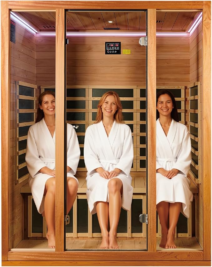 3 Person Infrared Sauna for Home, 1960W/120V, Low EMF Infrared Heater Panels, Chromotherapy Lighting, Personal Home Sauna for Family Relaxation, 59.06" x 35.43" x 74.8"