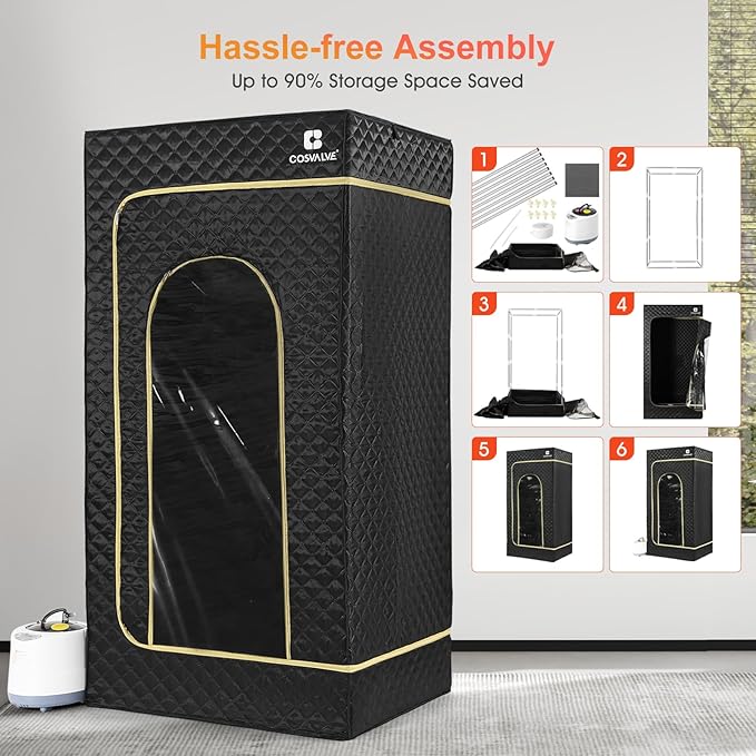 COSVALVE Portable Sauna Box for Home Sauna Steamer with 4L Large Steam Pot, 1600W Fast Heating Full Size Personal Sauna, 16 Levels, Remote Control, Foldable Chair, 2.9' x 2.5' x 5.9'