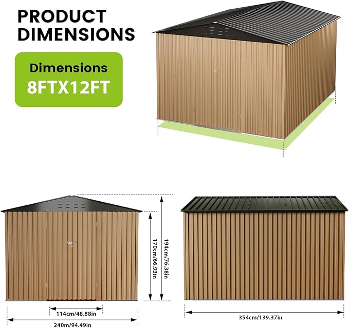 8x12 FT Outdoor Metal Storage Shed, Large Metal Storage Sheds with Sturdy Frame Structure, Garden Tool Shed with Lockable Door for Garden, Lawn, Backyard, Brown