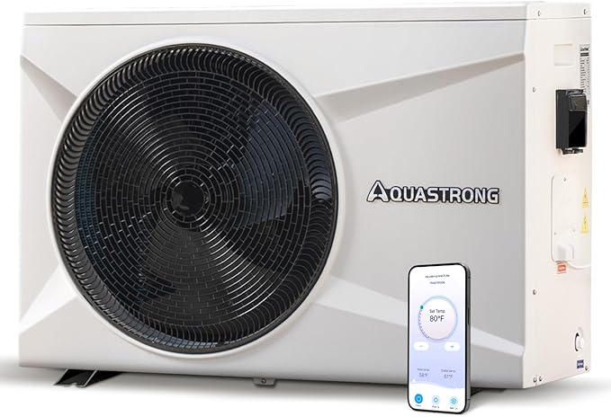 Aquastrong Inverter Swimming Pool Heat Pump, 35,000 BTU 9,000 Gallons Electric Pool Heater for Above Ground and Inground Pool, WiFi Capable Timer, Heating and Cooling Pool Heater 120V