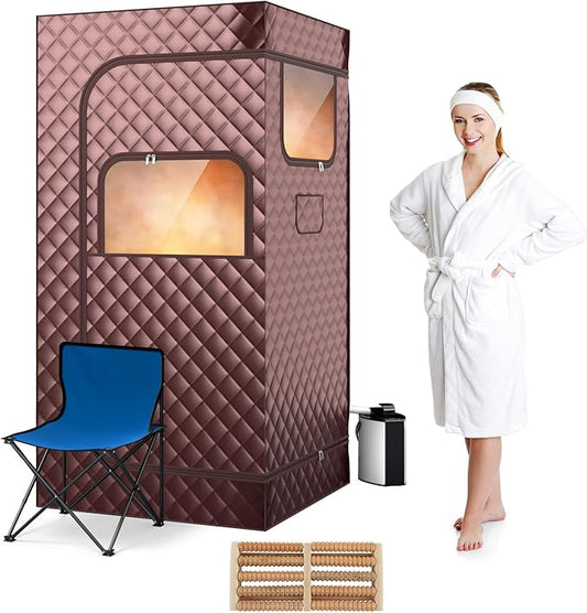 COSTWAY Portable Steam Sauna, Personal Home Sauna Tent w/ 3L Steam Generator, Foldable Chair, Remote Control, 9-Level Adjustable Temperature, Timer, Full-Size Indoor Steam Room for Home Spa (Coffee)