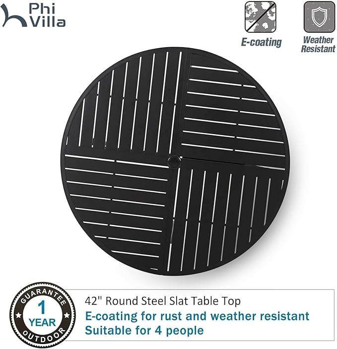 PHI VILLA 5 Piece Outdoor Dining Table Set for 4, 42” Round Steel Dining Table with Umbrella Hole & 4 Black Stacking Metal Chairs for Patio, Deck, Yard, Porch