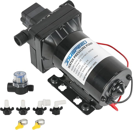 5.0 GPM 12V DC 55 PSI Revolution Water Pump with Pressure Switch Compatible with Camper, RV, Shower, Sprayer
