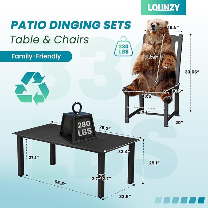 LOUNZY 9 Pieces Patio Dining Sets,Outdoor HDPE Furniture Set for 8 w/ 2" Hole Cut-Out Dining Table with 8 Patio Chairs(2 W/Armrest, 6 w/o Armrest),Black
