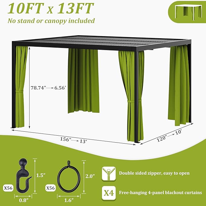 Gazebo Universal Replacement Privacy Curtain,10'×13' Gazebo Outdoor Waterproof Curtains, 4-Panels Sidewall Curtains with Double Zipper for Patio Canopy, Garden and Backyard (Curtain Only)