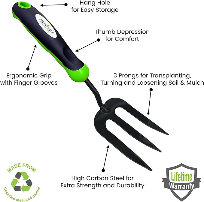 Garden Guru Hand Weeder Fork Tool – Rust Resistant High Carbon Steel – Ergonomic Handle – Great for Planting, Spreading Mulch, Weeding, Loosening & Transplanting Soil