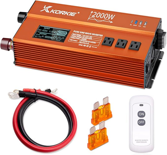 2000W Pure Sine Wave Inverter, Car Power Inverter, 12V DC to 110V, with Type-C, Dual 5.2V/2.4A USB, 3AC Outlets for Home,Camping, RV, Truck, Vehicles