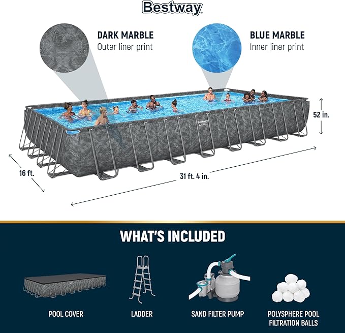 Bestway APX 365 Rectangular Swimming Pool Above Ground Outdoor Backyard Framed Pool Set with Sand Filter Pump, Ladder, and Cover, 31'4" x 16' x 52"