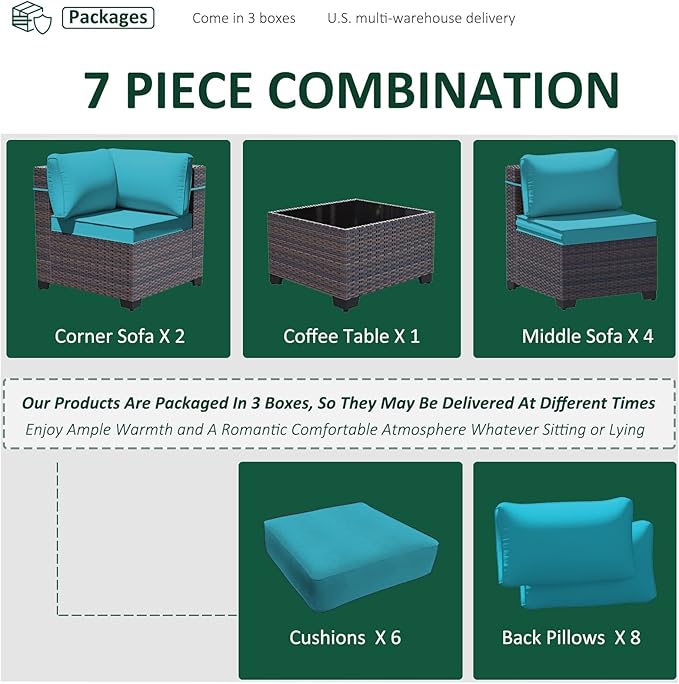 Outdoor Patio Furniture Set, 7 Pieces Outdoor Furniture All Weather Patio Sectional Sofa PE Wicker Modular Conversation Sets with Coffee Table,6 Chairs & Seat Clips(Turquoise Blue)