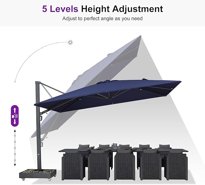 PURPLE LEAF 13' X 10' Rectangle Patio Umbrella Large Outdoor Aluminum Offset Umbrella with 360-degree Rotation Cantilever Umbrella with Base Included for Garden Deck Backyard Pool Navy Blue