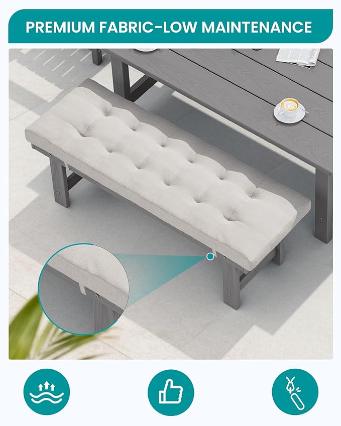 SERWALL Outdoor Dining Set for 6, HDPE Outdoor Furniture with Umbrella Hole & 1 Cushioned Bench & 4 Outdoor Dining Chairs, Grey