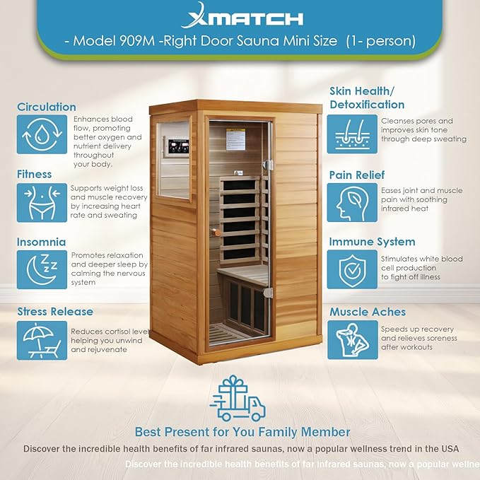 Saunas 909Mini Far Infrared Sauna, Indoor Dry Sauna (Red Cedar, 1 Person Mini Size Right Door)