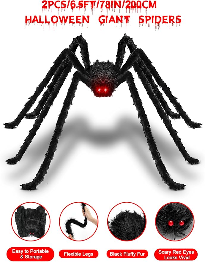 2PCS/6.5FT/78IN/200CM Halloween Giant Spiders Set: Acina Fake Large Hairy Spider Decorations, Scary Virtual Realistic Spider Props for Indoor Outdoor Creepy Decor Black