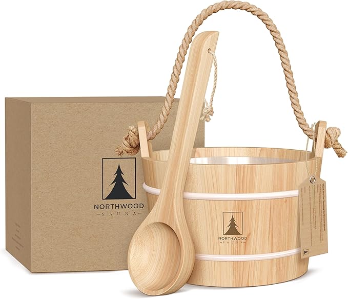 Sauna Bucket and Ladle Set - Handmade from Finnish Pine Wood - Natural Rope Handle - 1.6 Gallons (6 Liters) Water Capacity