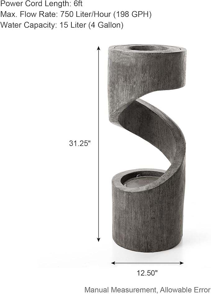 Glitzhome Tiered Outdoor Water Fountain with LED Light, Curved Outdoor Fountain Waterfall with Stone Planter, Freestanding Spiral Outdoor Garden Water Fountains, 31.3”H