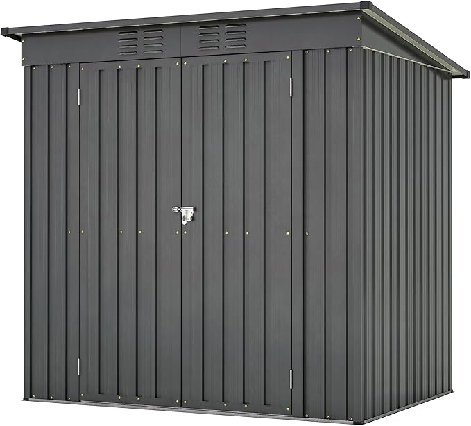 6x4 FT Outdoor Metal Storage Shed with Frame Floor & Sloping Roof, Lockable Double Door, Weatherproof Steel Garden Shed for Tools, Lawn Equipment & Patio Supplies