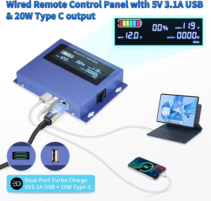 4000w Pure sine Wave Inverter DC 12V to AC 110V/120V Converter, 8000w (Peak) with LCD Display, Wireless/Wired Remote Control, 4AC outlets and 4USB.Ideal for Camping, RV Travel, Off-Grid Solar Systems