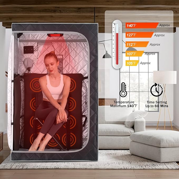 Smartmak Portable Infrared Sauna Box for Home with 660nm Red Light Therapy Lamp, Full Body Dry Sauna Tent, Personal Saunas with 6 Heaters, Heated Foot Pad, Foldable Chair for Body Recovery, BlackGrey