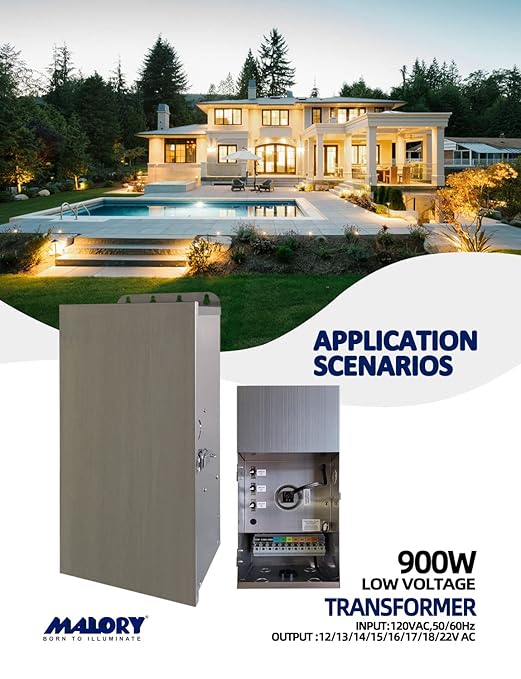 MALORY 900W Low Voltage Transformer with Timer & Photocell for Landscape Lighting,(19''H) 120V AC to 12/13/14/15/16/17/18/22V Multi-Tap Power Supply for Outdoor Landscape Lights,Yard Garden Lights