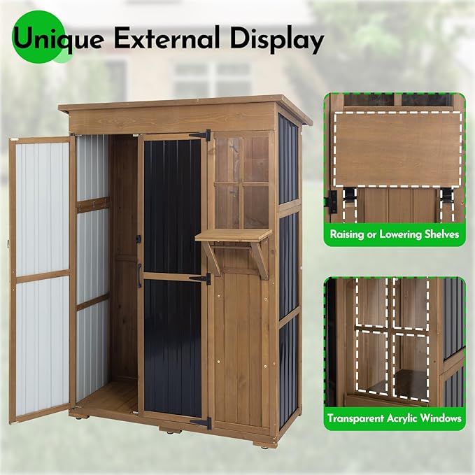 Large Storage Shed, Wood & Metal Outdoor Storage Cabinet with External Foldable Table,Waterproof Roof,Three Shelves, Outdoor Cabinets for Patio Backyard, Garden Garage Tool Shed, Brown