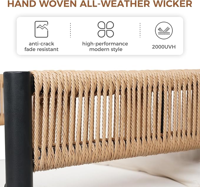 Grand patio Outdoor Dining Chair Set of 2, 2 Pieces Patio Dining Chairs, Metal Woven Wicker Fixed Patio Chairs with Light Beige Cushions for Backyard, Deck, Garden, Porch, Lawn and Poolside (Natural)