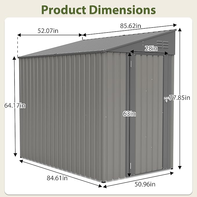 4x8 FT Outdoor Storage Shed,Lean to Lockable Metal Garden Shed Steel with Reinforced Beams,All Weather Waterproof Storage House W/Lockable Door&2 Air Vents,for Backyard,Patio,Lawn,Garden,Gray