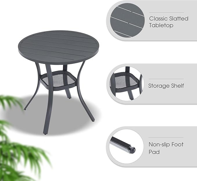 VICLLAX Outdoor Patio Round Dining Table, 28"x 28" Metal Slatted Round Tabletop with Storage Shelf for Deck Lawn Garden Backyard, Dark Grey