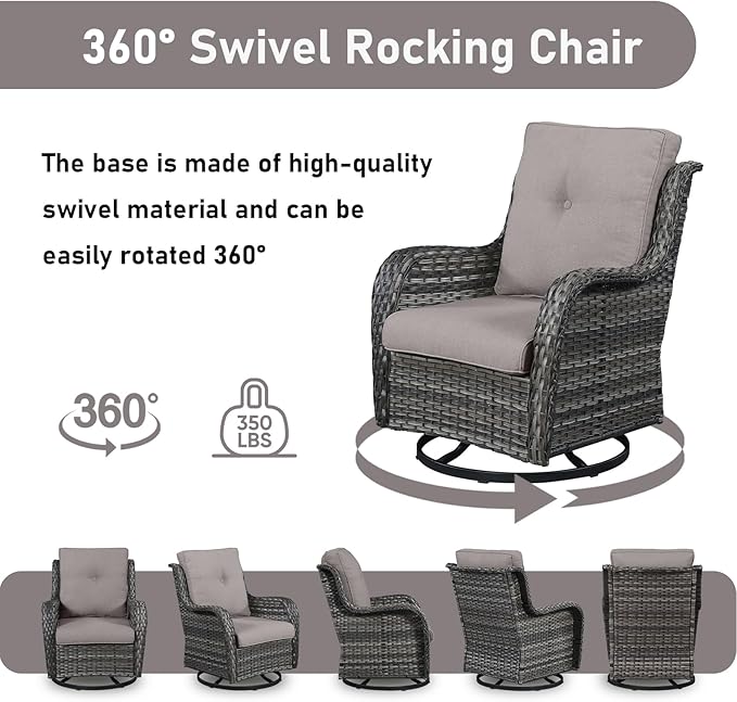 Wicker Outdoor Conversation Set-6 Pieces Outdoor Wicker High Back Couch with Swivel Rocker Chairs Patio Furniture for Deck Poolside Backyard-Grey/Grey