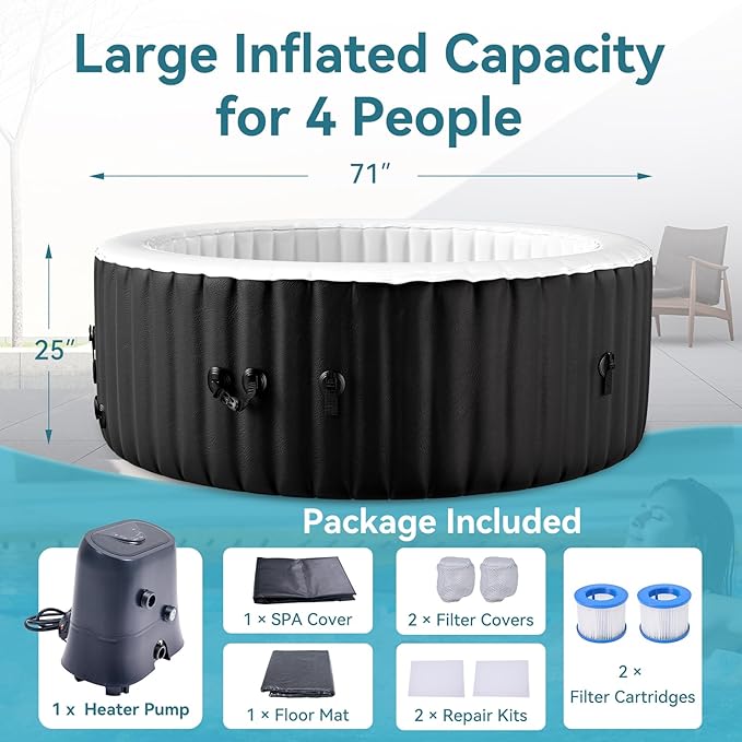 Round Inflatable Hot Tub, 2-4 Person Portable Blow up Hot Tub, Leak-Proof PVC Outdoor Spa with 120 Air Jets, Insulated Cover & Heater Pump, 71” X 71” X 25”
