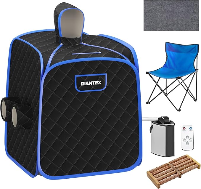 Giantex Portable Folding Sauna, 1 or 2 Person Steam Spa with Remote Control, Folding Chair, Foot Massage Roller, Absorbent Mat, 9 Temperature Levels, 3L Steamer, 800W Home Full Body Spa Tent (Black)