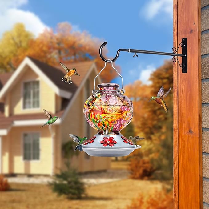 BOLITE Hummingbird Feeder, Hand Blown Glass Hummingbird Feeders for Outdoors Hanging, with Ant Moat and 5 Feeding Ports, 22 Ounces, Peony Flower Shape, Purple, Gifts for Women Men, Gifts for Mom Dad