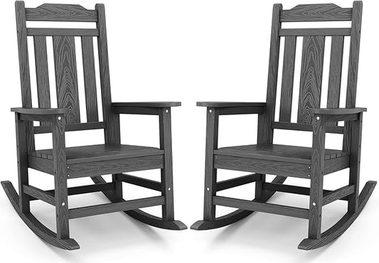 SERWALL HDPE Rocking Chair Set of 2, All Weather Patio Rocking Chair, HDPE Poly Rocking Chair for Adults, Heavy Duty Front Porch Rocker, Gray
