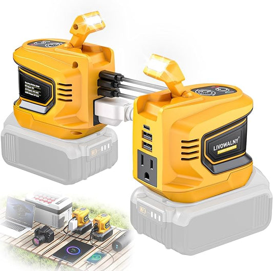 2PCS Real 200W Power Inverter for DeWalt, LIVOWALNY DC 20V to AC 110-120V Battery Inverter, Portable Battery Adapter Phone Charger Converter 2 USB & 1 Type-C & 1 AC for Camping Essentials (Tool Only)