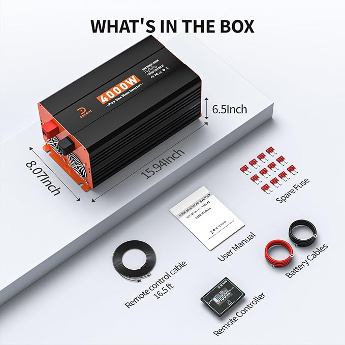 4000 Watt Pure Sine Wave Inverter 12V DC to 110V/120V AC Converter for RV/Truck/Home/Off-Grid Solar Car Power Inverter for Vehicles with 4 AC, 2 USB & 1 Type-C Ports, Hardwire Kit, Remote Controller