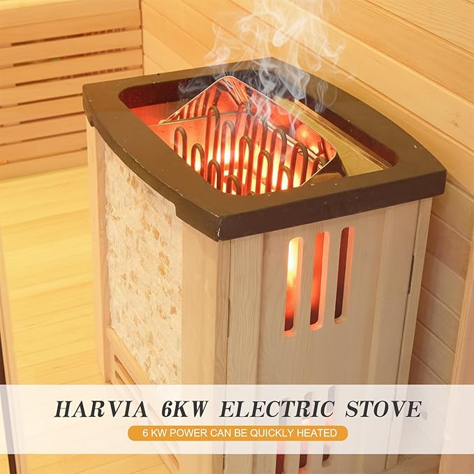 6-8 Person Indoor Sauna HARVIA 220V 6KW Canadian Hemlock Wooden Steam Sauna with LCD Control Panel, Bluetooth Speakers, Panoramic Tempered Glass and Decorative Stone