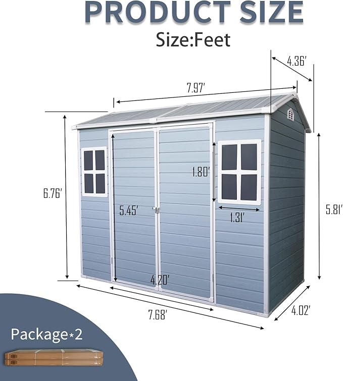 8 x 4 FT Outdoor Storage Shed, Outdoor Resin Shed with Two-Window and Double-Door, Plastic with Floor for Gargen, Patio, Yard, Lawn (Gray)
