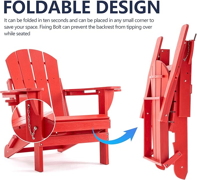 Folding Adirondack Chair, HDPE Outdoor Texture Lawn Chair with Reclining Back, Cup and Phone Holder - Comfortable Firepit Chair Weather Resistant for Patio or Backyard (Red, Set of 1)