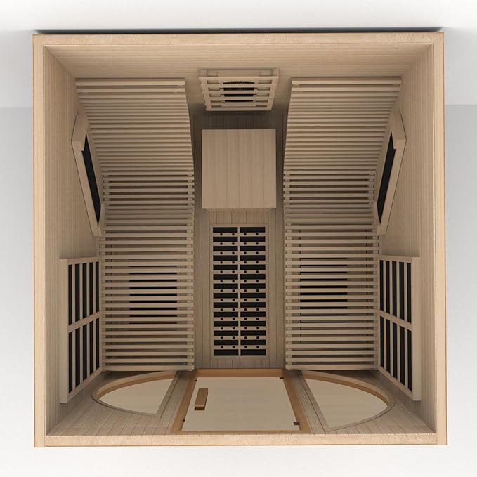ZONEMEL Full Spectrum Infrared 2 Person Wooden Sauna Room with Recliner, Canadian Hemlock Luxury Indoor Sauna with 10 Heaters, Oxygen Bar, 3400 Watt, Infrared Therapy Wood Dry Heat Sauna, 220V