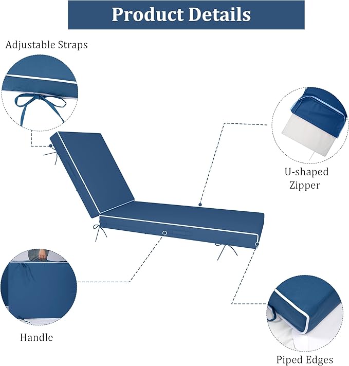 Chaise Lounge Cushions Outdoor Furniture 80 x 26 Inch Patio Lounge Chair Cushions 4'' Thick Waterproof Outdoor Chaise Cushion Weather Resistant Pool Lounger Cushion(Dark Blue)