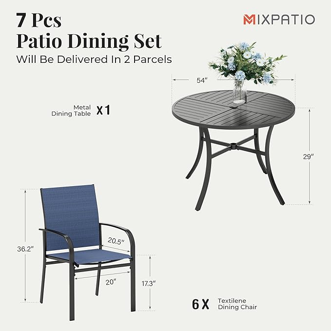7 Pieces Outdoor Table and Chairs, Patio Dining Set for 6 Includes 54" Round Outdoor Table and 6 Patio Chair Set, Outdoor Dining Furniture Set for Lawn Backyard Deck, Blue